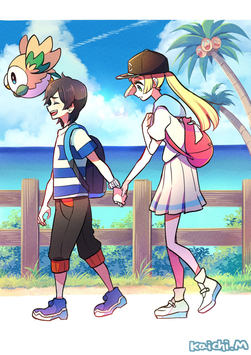 alolan_exeggutor black_hair black_headwear black_shorts blonde_hair blue_footwear blunt_bangs bush closed_eyes clouds cloudy_sky day dirt_road elio_(pokemon) fence flying grass green_eyes hand_on_own_chest height_difference highres holding_hands kaichi210 laughing lillie_(pokemon) ocean open_mouth pleated_skirt pokemon pokemon_(game) pokemon_sm ponytail road rowlet shirt short_hair shorts skirt sky walking white_footwear white_shirt white_skirt wooden_fence z-ring