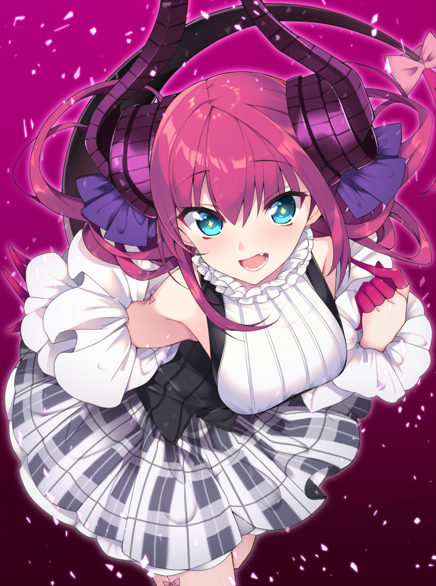 +_+ 1girl asymmetrical_horns bangs bare_shoulders blue_eyes breasts commentary_request curled_horns detached_sleeves dragon_girl dragon_horns dragon_tail dress elizabeth_bathory_(fate) elizabeth_bathory_(fate)_(all) eyebrows_visible_through_hair fang fate/extra fate/extra_ccc fate/grand_order fate_(series) gradient gradient_background hair_ribbon haruyuki_(yukichasoba) highres horns leaning_forward long_hair medium_breasts open_mouth pink_hair pink_ribbon plaid plaid_skirt pointy_ears ribbon skirt solo standing tail teeth two_side_up