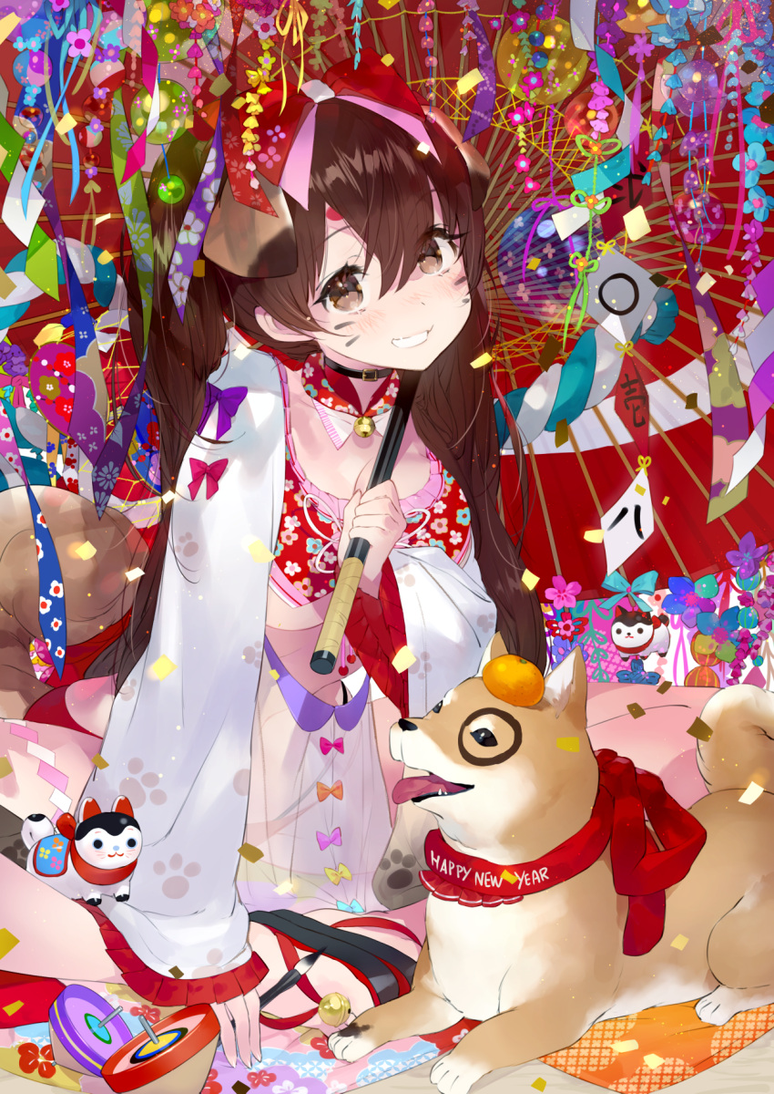 1girl 2018 animal_ears bell blush bow brown_eyes brown_hair butterfly_sitting calligraphy_brush choker detached_collar dog dog_ears dog_tail facial_mark floral_print food fruit grin hair_between_eyes hair_bow hanetsuki happy_new_year highres holding holding_umbrella japanese_clothes jingle_bell long_hair long_sleeves looking_at_viewer mandarin_orange new_year oriental_umbrella original paintbrush paw_print sandals see-through shiba_inu sitting smile solo spinning_top tail tareme tonito translated twintails umbrella whisker_markings