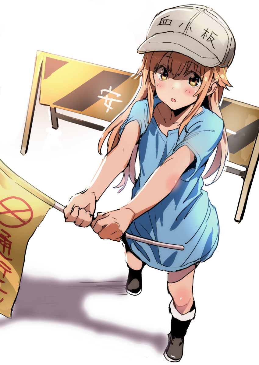 1girl akechi_shizuku animal_ears black_footwear blue_shirt blush boots brown_eyes brown_hair character_name clothes_writing collarbone commentary_request eyebrows_visible_through_hair flag flat_cap grey_hat hair_between_eyes hat hataraku_saibou highres holding holding_flag long_hair looking_at_viewer parted_lips platelet_(hataraku_saibou) shaded_face shadow shirt short_sleeves solo standing very_long_hair white_background