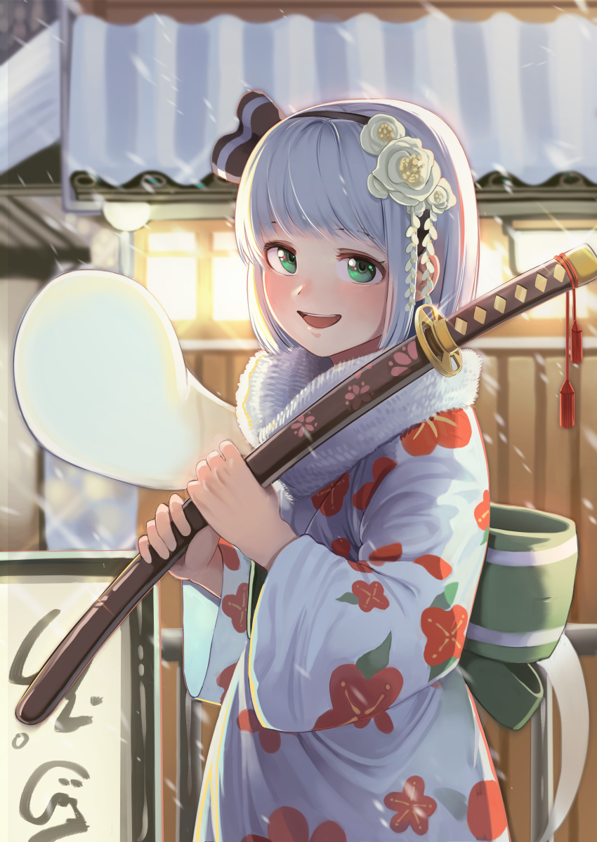 1girl absurdres back_bow backlighting bangs banner black_hairband blush bow building commentary_request cowboy_shot eyebrows_visible_through_hair floral_print flower fur_collar goback green_bow green_eyes greyscale hair_flower hair_ornament hairband highres holding holding_sword holding_weapon japanese_clothes kimono konpaku_youmu konpaku_youmu_(ghost) long_sleeves looking_at_viewer monochrome outdoors print_kimono rose sheath short_hair snowing solo sword tassel touhou upper_teeth weapon white_flower white_kimono white_rose wide_sleeves winter