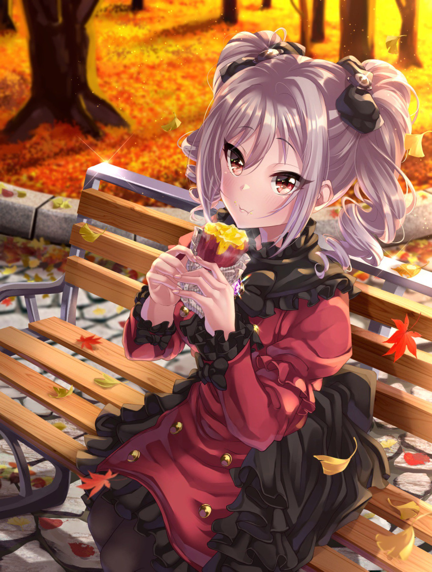 1girl :t autumn autumn_leaves bench black_frills black_ribbon blush commentary_request dress drill_hair eating food food_on_face frills hair_ribbon highres idolmaster idolmaster_cinderella_girls juliet_sleeves kanzaki_ranko long_sleeves puffy_sleeves red_dress red_eyes ribbon silver_hair sitting solo sweet_potato tdnd-96 tree twin_drills twintails yakiimo