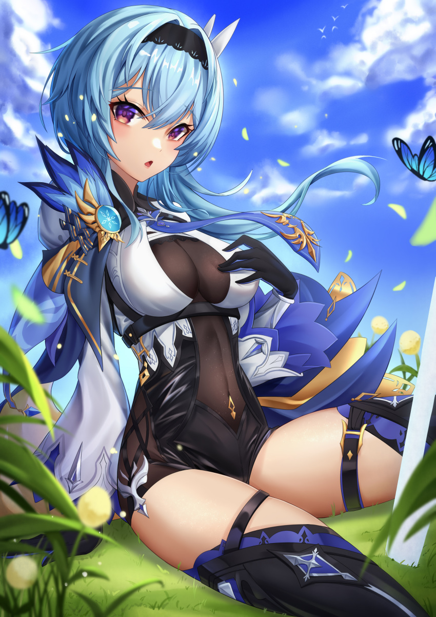 1girl absurdres arm_support black_gloves black_hairband black_jumpsuit blue_butterfly blue_hair blue_necktie blue_sky boots breasts breasts_apart bug butterfly clouds cloudy_sky commentary_request covered_navel eula_(genshin_impact) floating_hair flower genshin_impact gloves grass hair_between_eyes hairband highres long_hair long_sleeves looking_at_viewer necktie on_ground open_mouth outdoors qldpopi red_eyes sitting sky solo thigh-highs thigh_boots vegetation