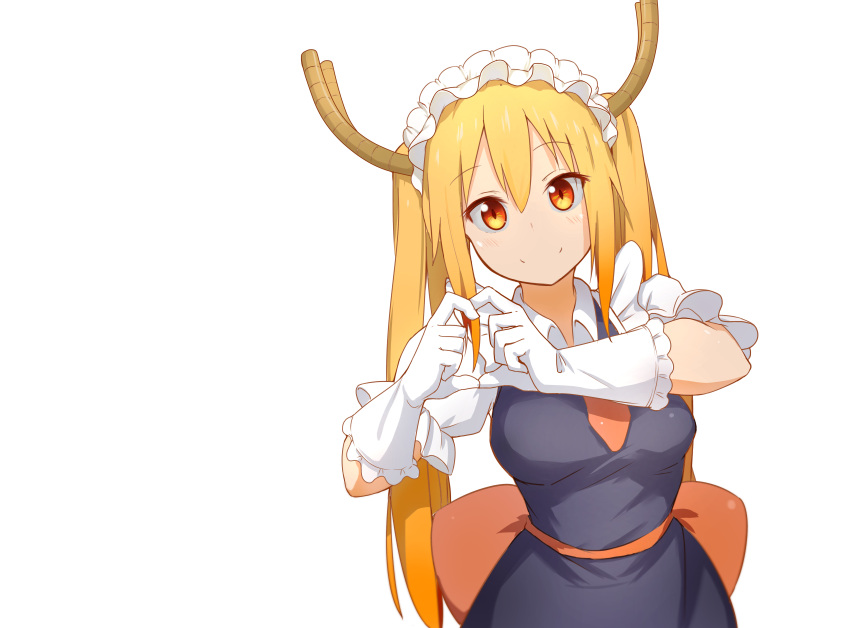 1girl absurdres bangs blonde_hair bow deatheach dragon_horns eyebrows_visible_through_hair frilled_gloves frilled_sleeves frills gloves gradient_hair heart heart_hands highres horns kobayashi-san_chi_no_maidragon long_hair looking_at_viewer maid maid_headdress multicolored_hair orange_eyes orange_hair puffy_short_sleeves puffy_sleeves red_bow short_sleeves sidelocks smile solo tooru_(maidragon) twintails very_long_hair white_background white_gloves