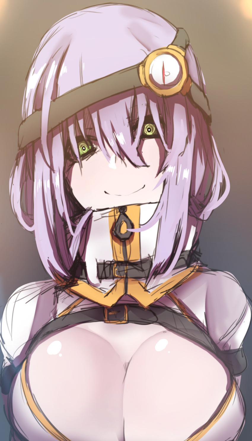 1girl @_@ absurdres bangs blush breasts cleavage cleavage_cutout closed_mouth commentary_request green_eyes grey_background hair_between_eyes head_tilt highres jacket juliet_sleeves large_breasts long_hair long_sleeves puffy_sleeves purple_hair sketch smile solo turtleneck wada_kazu white_jacket zipper_pull_tab