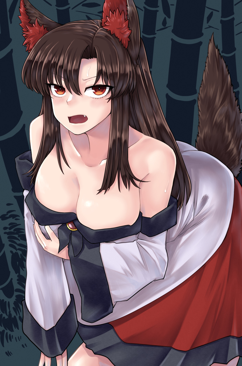1girl absurdres animal_ears bamboo bamboo_forest breasts brooch brown_hair fang forest highres imaizumi_kagerou jewelry large_breasts long_hair looking_at_viewer nature open_mouth outdoors red_eyes solo sweat tail toluda touhou wolf_ears wolf_tail