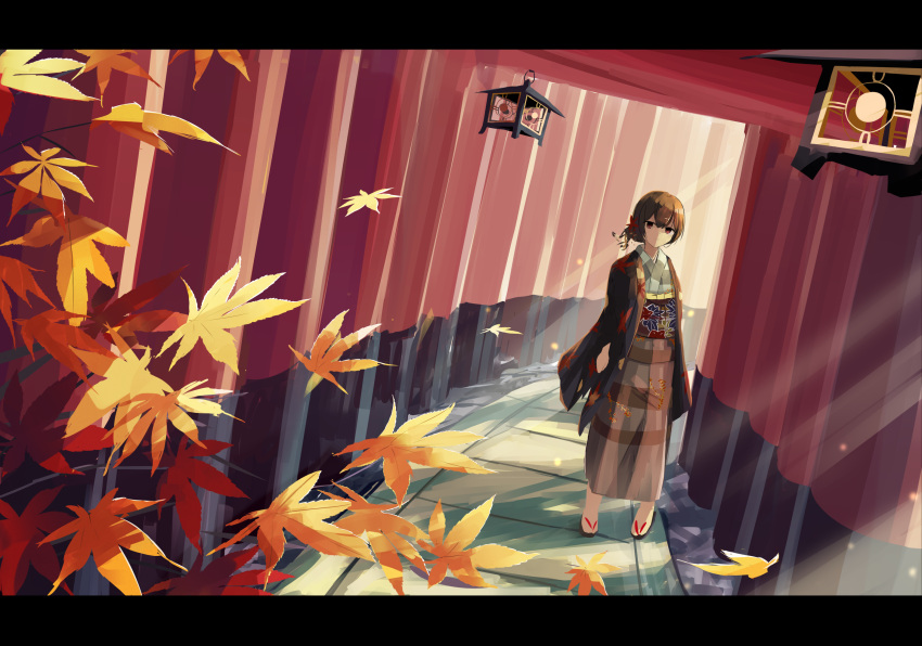 1girl autumn_leaves bangs black_footwear brown_hair brown_skirt closed_mouth commentary_request day doran_(dorannomai) dutch_angle hair_between_eyes haoi high-waist_skirt highres idolmaster idolmaster_shiny_colors japanese_clothes kimono lantern leaf leaf_print long_sleeves looking_at_viewer maple_leaf morino_rinze multiple_torii no_socks outdoors red_eyes short_hair short_kimono skirt solo standing torii white_kimono zouri