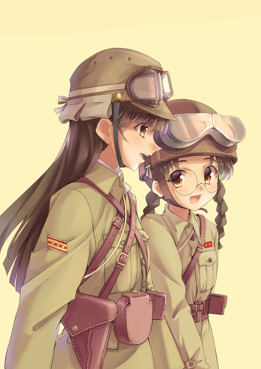 2girls absurdres belt black_hair braid brown_eyes commentary fukuda_(girls_und_panzer) girls_und_panzer glasses goggles goggles_on_headwear hat helmet highres holster imperial_japanese_army long_hair longmei_er_de_tuzi military military_hat military_uniform multiple_girls nishi_kinuyo pouch round_eyewear simple_background twin_braids uniform world_war_ii