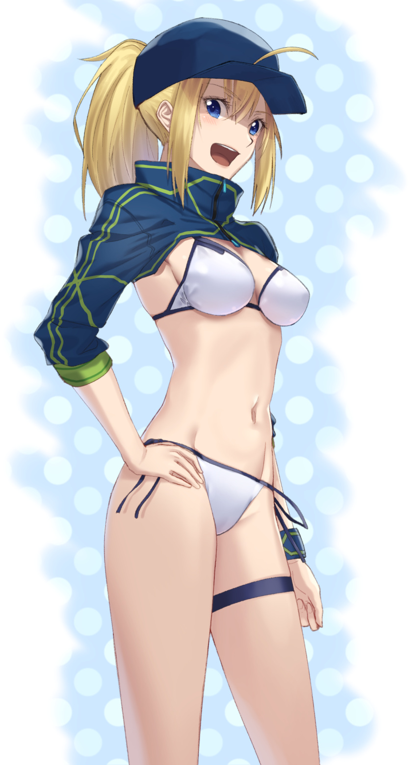 1girl ahoge arm_at_side artoria_pendragon_(all) bangs baseball_cap bikini blonde_hair blue_eyes blue_hat blue_ribbon breasts cleavage cowboy_shot eyebrows_visible_through_hair fate/grand_order fate_(series) hair_between_eyes hand_on_hip hat high_collar highres lip-mil long_hair long_sleeves looking_at_viewer medium_breasts mysterious_heroine_xx_(foreigner) navel open_mouth ribbon round_teeth shrug_(clothing) side-tie_bikini sidelocks solo stomach swimsuit teeth upper_teeth white_bikini wristband zipper