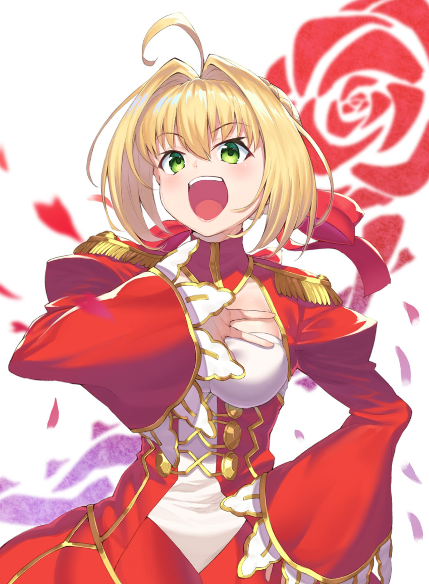 1girl absurdres ahoge bangs blonde_hair blurry blurry_foreground braid breasts commentary depth_of_field dress epaulettes eyebrows_visible_through_hair fate/extra fate/grand_order fate_(series) floral_print flower french_braid green_eyes hair_bun hair_intakes hair_ribbon hand_on_hip hand_on_own_chest highres joker_(tomakin524) juliet_sleeves long_dress long_sleeves looking_at_viewer medium_breasts nero_claudius_(fate) nero_claudius_(fate)_(all) open_mouth puffy_sleeves red_dress red_flower red_petals red_ribbon red_rose ribbon rose rose_print saber_extra short_hair smirk solo standing upper_body