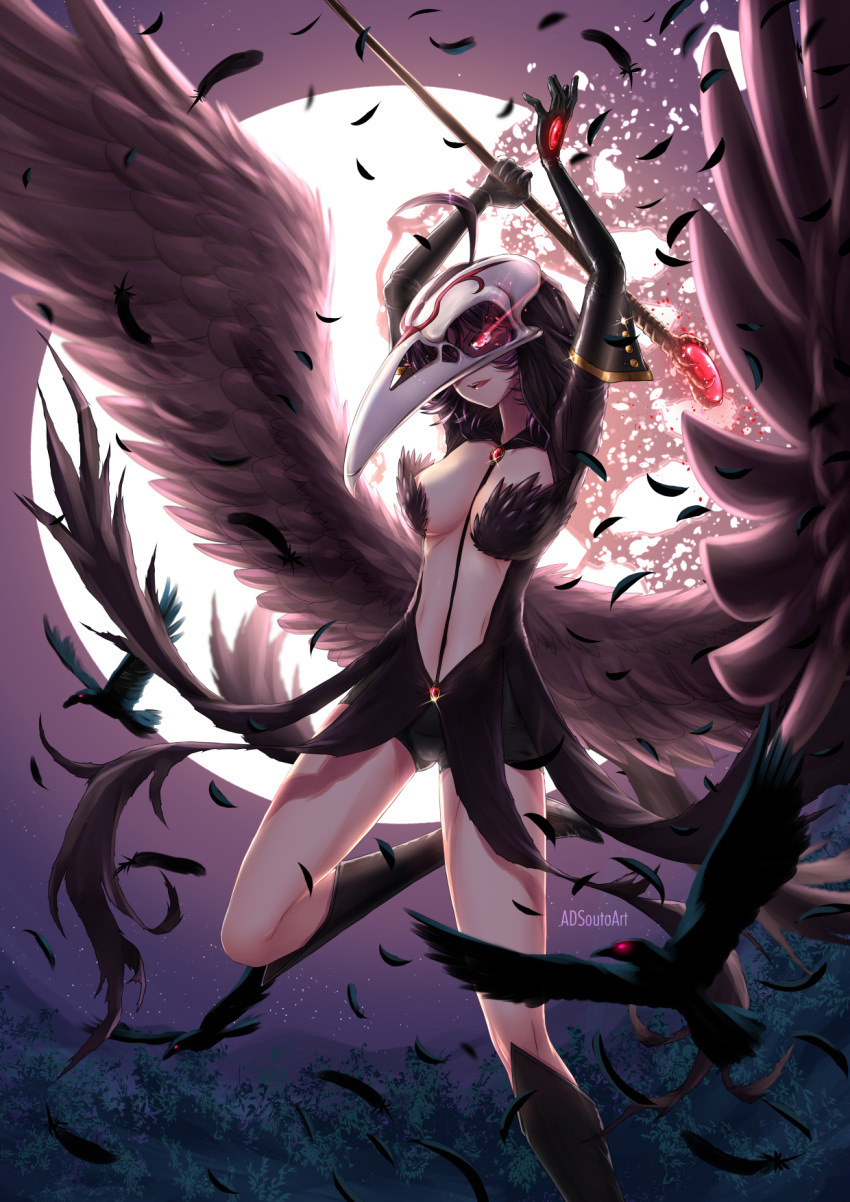 1girl adsouto alternate_costume arms_up artist_name bird black_dress black_footwear black_hair boots breasts breasts_apart broken_moon cleavage commentary dress elbow_gloves english_commentary facing_viewer feathers forest gloves glowing glowing_eyes highres hood hood_up large_breasts long_hair mature moon nature night open_mouth raven_branwen red_eyes revealing_clothes rwby shorts skull_helmet solo staff wings