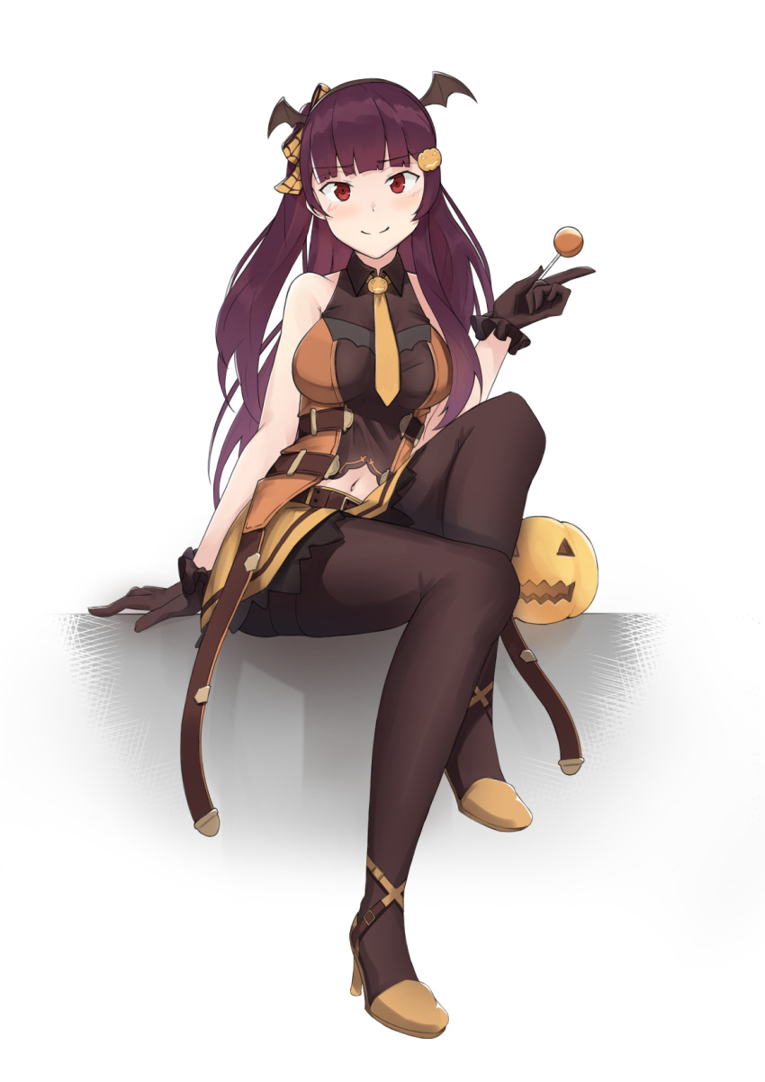 1girl arm_at_side bangs bare_shoulders belt belt_buckle black_legwear blunt_bangs blush breasts buckle candy eyebrows_visible_through_hair fake_wings food food_themed_hair_ornament frilled_gloves frills full_body girls_frontline gloves hair_ornament halloween head_wings high_heels highres holding index_finger_raised knee_up kusubii large_breasts lollipop long_hair looking_at_viewer navel necktie one_side_up open_clothes pantyhose pumpkin pumpkin_hair_ornament purple_hair red_eyes simple_background skirt solo straight_hair thighband_pantyhose very_long_hair wa2000_(girls_frontline) white_background wing_collar wings yellow_footwear yellow_neckwear yellow_skirt