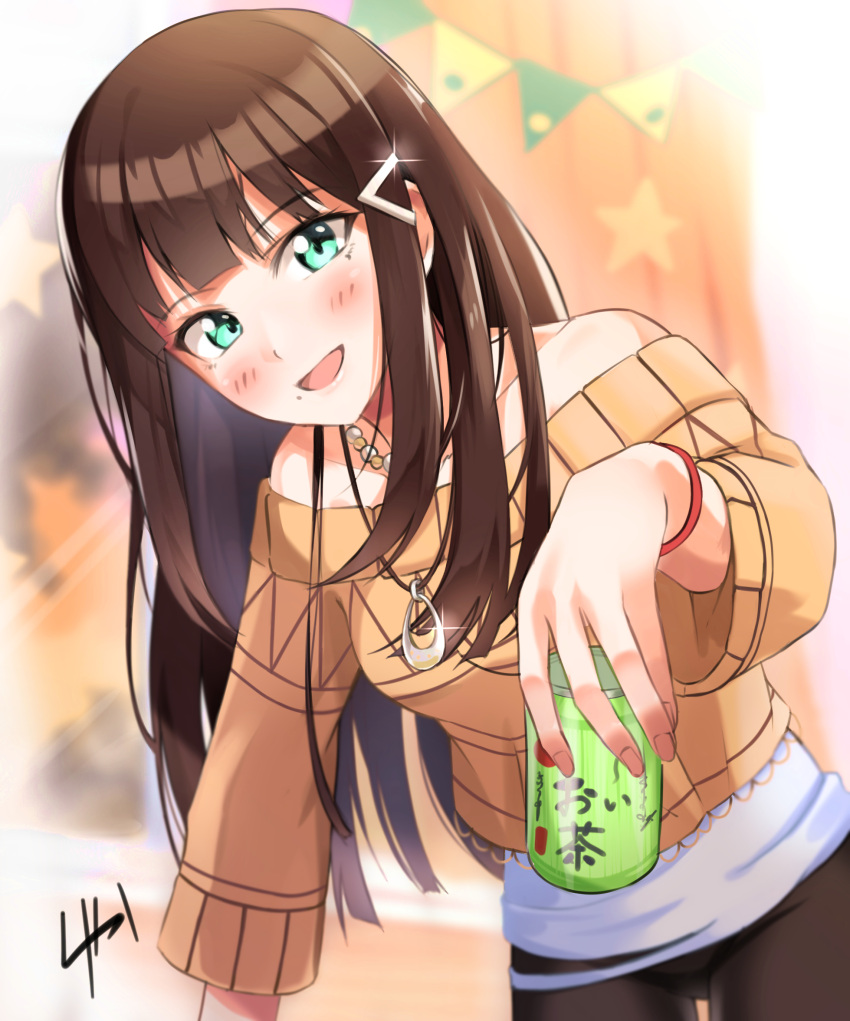 1girl :d aqua_eyes arm_support bangs black_hair blunt_bangs blush bracelet can cowboy_shot glint green_eyes hair_ornament hairclip head_tilt highres holding holding_can jewelry kurosawa_dia long_hair looking_at_viewer love_live! love_live!_sunshine!! mole mole_under_mouth necklace off-shoulder_sweater open_mouth pendant ribbed_sweater shaka_(staito0515) smile solo standing sweater