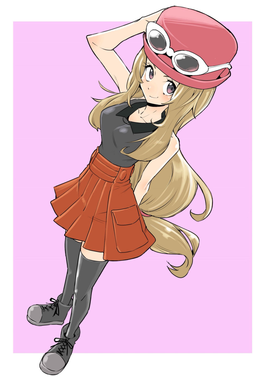 1girl arm_behind_back black_legwear blonde_hair blue_eyes collarbone creatures_(company) eyewear_on_head game_freak gen_6_pokemon hat highres hirakata_masahiro long_hair looking_at_viewer nintendo pokemon pokemon_(game) pokemon_xy serena_(pokemon) shoes skirt sleeveless smile sneakers solo thigh-highs