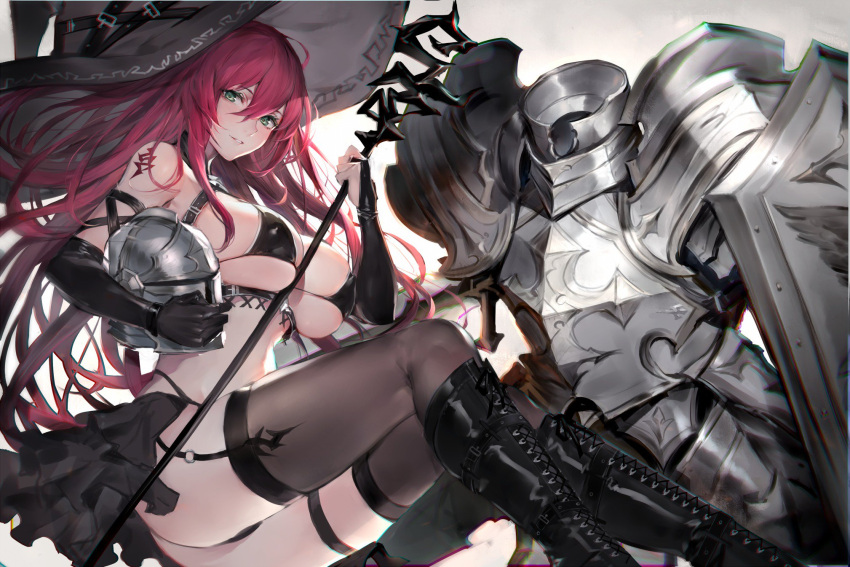 1girl armlet armor bikini black_bikini boots bracelet breastplate breasts cleavage commentary_request detached_collar elbow_gloves faulds frills full_armor garter_straps gloves green_eyes hair_between_eyes hat helmet highres holding holding_helmet holding_wand jewelry large_breasts long_hair original oyu_(sijimisizimi) parted_lips pauldrons redhead revealing_clothes shield sideboob sitting smile swimsuit tattoo thigh-highs thighs under_boob wand witch_hat