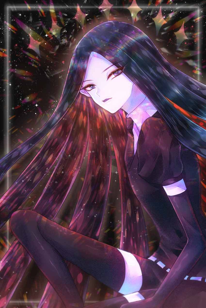 1other androgynous black_eyes black_hair bort crystal_hair elbow_gloves esol_98 eyebrows_visible_through_hair gem_uniform_(houseki_no_kuni) gloves highres houseki_no_kuni long_hair looking_at_viewer necktie solo thigh-highs white_skin