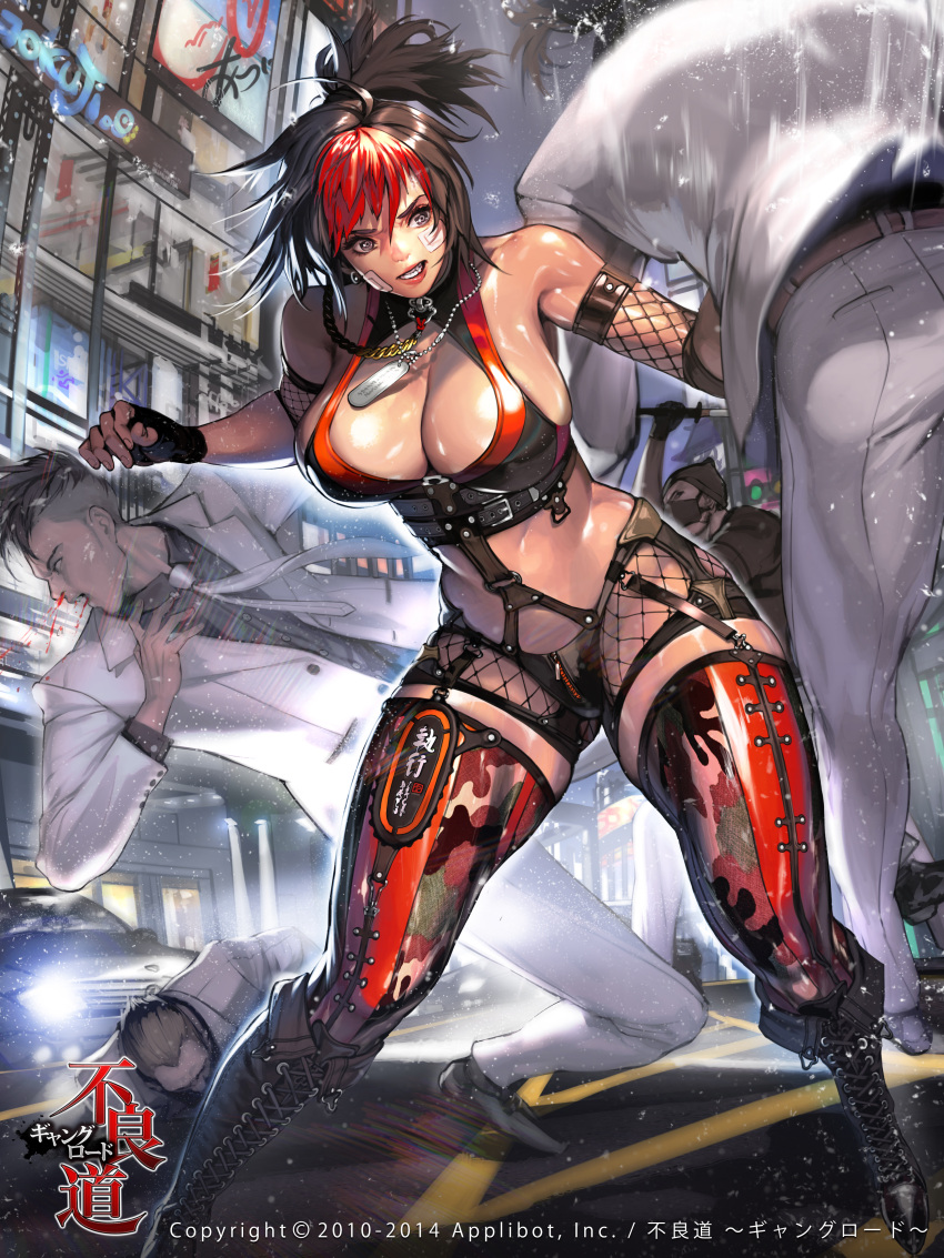 1girl 3boys absurdres armlet bangs bare_shoulders belt black_footwear blood blood_splatter boots breasts brown_hair building car cityscape cleavage collared_shirt copyright_request covered_navel dog_tags fighting fighting_stance fingerless_gloves fishnets formal garter_straps glass gloves grey_neckwear ground_vehicle highres large_breasts midriff motor_vehicle multicolored_hair multiple_boys nightmadness original pants ponytail punching redhead revealing_clothes road road_sign shiny shiny_skin shirt short_hair sideboob sign standing street suit thigh-highs white_suit window