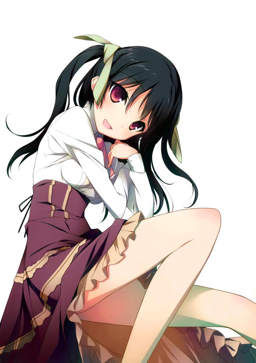 1girl :d absurdres ascot black_hair dress highres kikuchi_seiji legs long_legs looking_at_viewer mayo_chiki! open_mouth red_eyes scan sitting smile solo suzutsuki_kanade two_side_up