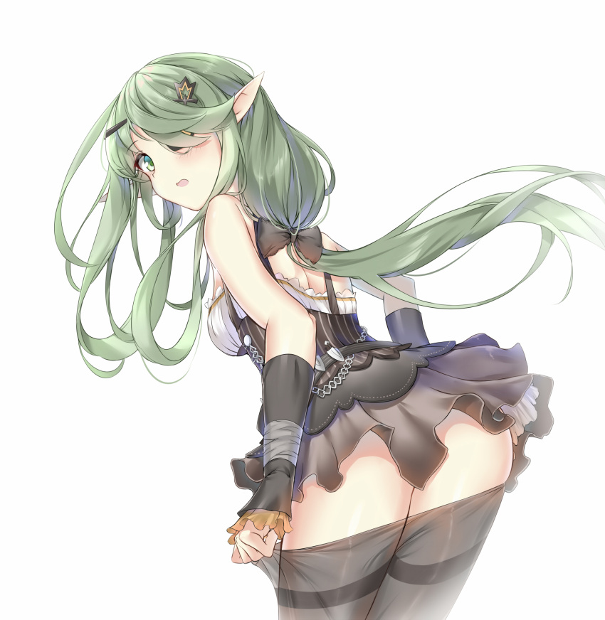 adjusting_clothes adjusting_legwear arm_warmers ass back bangs black_bow black_dress black_footwear black_legwear blush bow dress floating_hair from_behind girls_frontline green_eyes hair_bow hair_ornament hair_over_one_eye hairclip heterochromia highres looking_at_viewer open_mouth pantyhose pointy_ears ponytail sidelocks simple_background tac-50_(girls_frontline) thighband_pantyhose white_background xin_(zinc) yellow_eyes