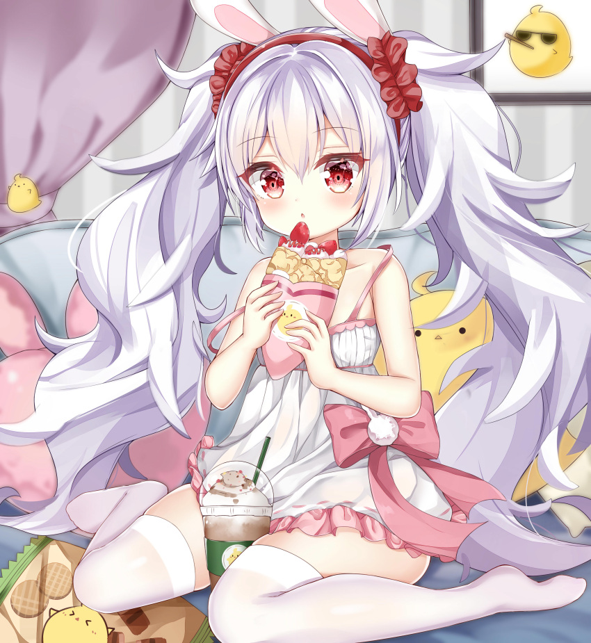 1girl absurdres animal animal_ears azur_lane bangs bare_shoulders bird blush bow chestnut_mouth chick commentary_request crepe cup disposable_cup dress drinking_straw eyebrows_visible_through_hair food hair_between_eyes hair_ornament hair_scrunchie hairband hands_up highres holding holding_food ice_cream ju_(a793391187) laffey_(azur_lane) long_hair looking_at_viewer no_shoes parted_lips rabbit_ears red_bow red_eyes red_hairband red_scrunchie scrunchie silver_hair sleeveless sleeveless_dress solo strap_slip sunglasses thigh-highs twintails very_long_hair white_dress white_legwear