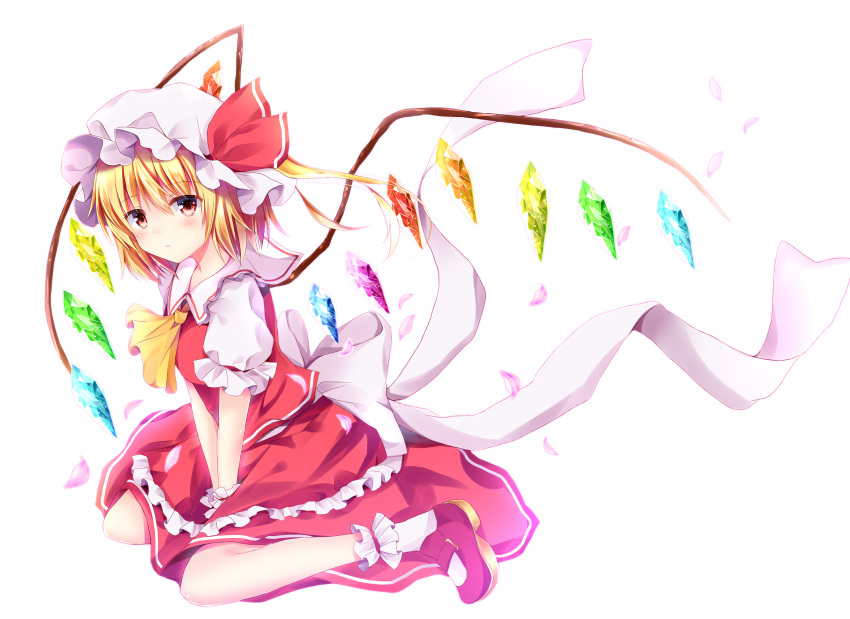 1girl absurdres ankle_cuffs ascot blonde_hair blush bow crystal flandre_scarlet from_side hat hat_ribbon highres huge_filesize hyurasan kneeling looking_at_viewer mary_janes mob_cap puffy_short_sleeves puffy_sleeves red_eyes red_footwear red_ribbon red_shirt red_skirt ribbon shirt shoes short_sleeves side_ponytail sitting skirt skirt_set solo touhou v_arms wariza white_background white_bow white_ribbon wings wrist_cuffs