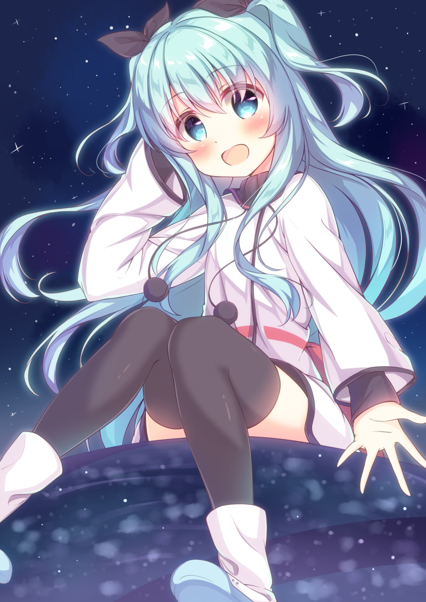 1girl :d arm_up bangs blue_eyes blue_hair blush boots brown_legwear brown_ribbon commentary_request dress eyebrows_visible_through_hair hair_between_eyes hair_ribbon head_tilt highres kyado_(amaterasu) long_hair long_sleeves looking_at_viewer night night_sky noel_(sora_no_method) open_mouth pom_pom_(clothes) ribbon shoe_soles sky smile solo sora_no_method star_(sky) starry_sky thigh-highs two_side_up very_long_hair white_dress white_footwear wide_sleeves