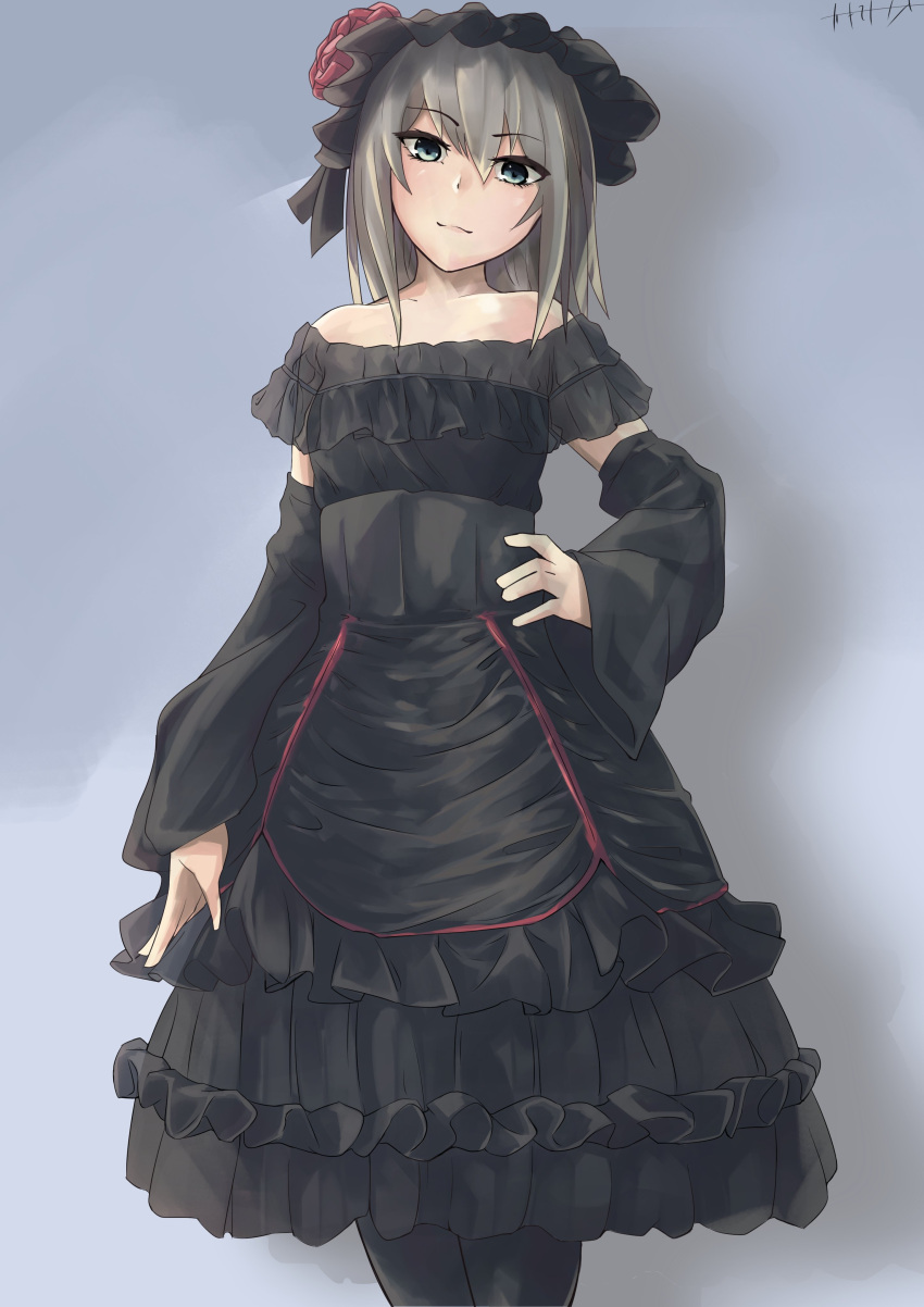 1girl absurdres alternate_costume artist_name bare_shoulders black_dress black_hair black_legwear blue_eyes closed_mouth commentary detached_sleeves dress eyebrows_visible_through_hair flower frilled_dress frilled_hairband frills girls_und_panzer gothic_lolita hair_flower hair_ornament hairband hand_on_hip head_tilt highres itsumi_erika kakimoto_nao layered_dress lolita_fashion lolita_hairband long_hair looking_at_viewer medium_dress off-shoulder_dress off_shoulder pantyhose red_flower red_rose rose signature silver_hair smile solo standing wide_sleeves