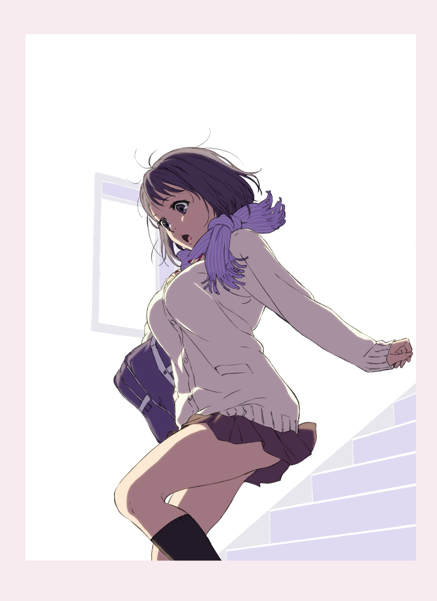 1girl :o absurdres bag border cardigan commentary_request highres kakitama kneehighs open_mouth original purple_scarf scarf school_bag solo stairs striped striped_scarf upskirt