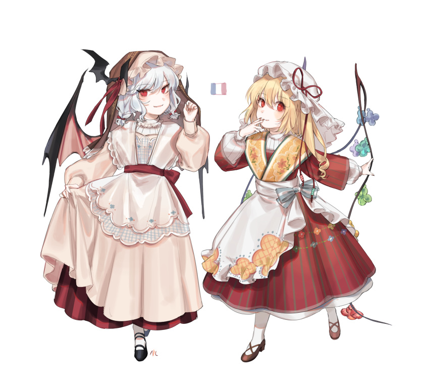 2girls :p absurdres alternate_costume apron bat_hair_ornament bat_wings black_footwear blonde_hair blue_bow blue_hair bow braid commentary cross-laced_footwear dress english_commentary eyebrows_visible_through_hair fangs fingernails fingers_to_mouth flandre_scarlet floral_print french_flag full_body hair_between_eyes hair_ornament hair_ribbon hand_up hat hat_ribbon highres long_hair long_sleeves mary_janes mob_cap multiple_girls nail_polish one_side_up parted_lips pleated_skirt puffy_sleeves red_dress red_eyes red_footwear red_nails red_ribbon red_sash red_skirt remilia_scarlet ribbon sash shan sharp_fingernails shoes siblings simple_background sisters skirt skirt_hold slit_pupils smile standing striped striped_bow tongue tongue_out touhou twin_braids veil vertical-striped_dress vertical_stripes waist_apron white_apron white_background white_bow white_dress white_hat white_legwear wide_sleeves wings