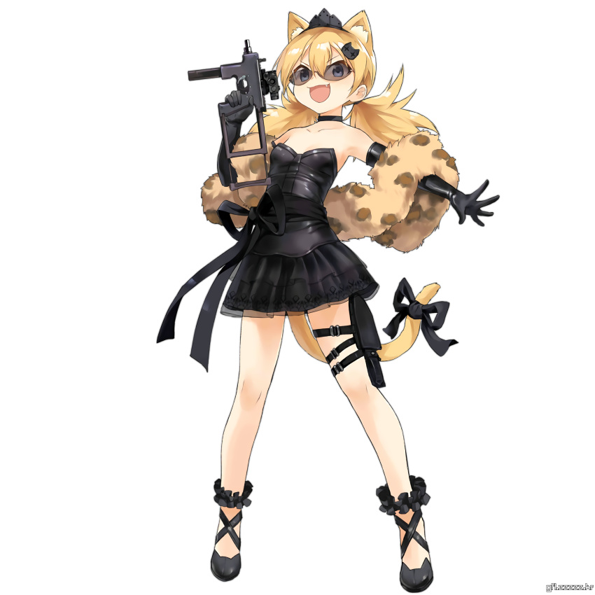1girl animal_ears bare_shoulders black_dress blonde_hair blue_eyes boots breasts cat_ears cat_tail colt_saa cowboy_hat dress elbow_gloves fur girls_frontline gloves gun hack_star_99 handgun hat highres holding holster idw_(girls_frontline) long_hair pumps revolver ribbon small_breasts smile solo sunglasses tail weapon white_background