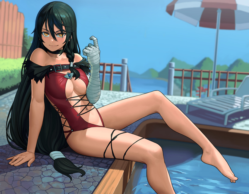 1girl bandage bandaged_arm bandages bare_shoulders barefoot beach_chair beach_umbrella beckoning black_choker black_hair blue_sky blurry blurry_background braid breasts choker commentary_request day depth_of_field feet hair_between_eyes highres large_breasts lasterk long_hair looking_at_viewer low-tied_long_hair navel outdoors plantar_flexion pool side_braid single_braid sitting sky smile solo tales_of_(series) tales_of_berseria umbrella under_boob velvet_crowe very_long_hair water yellow_eyes