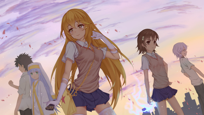 +_+ 2boys 3girls accelerator bag black_hair blonde_hair blue_hair blue_skirt brown_eyes brown_hair brown_shorts brown_vest carrying cityscape clenched_hand closed_mouth clouds cloudy_sky collared_shirt commentary_request controller dress dutch_angle elbow_gloves electricity emblem evil_grin evil_smile eyebrows_visible_through_hair flower frown gloves green_eyes grin habit hair_flower hair_ornament hairband hand_on_hip handbag highres holding index kamijou_touma leaf light_particles long_dress long_hair long_sleeves looking_at_viewer miniskirt misaka_mikoto multiple_boys multiple_girls nun omae_yoken outdoors pleated_skirt remote_control school_uniform shirt shokuhou_misaki short_hair short_shorts short_sleeves shorts shorts_under_skirt skirt sky smile standing tears thigh-highs to_aru_majutsu_no_index tokiwadai_school_uniform twilight v-neck vest white_dress white_gloves white_hairband white_legwear white_shirt wide_sleeves wind yellow_eyes