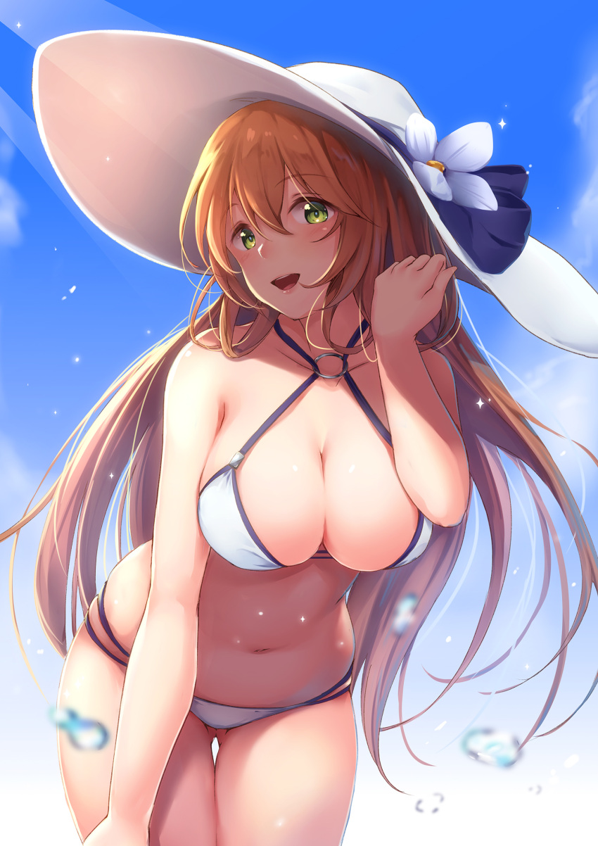 1girl :d bikini bit_(keikou_syrup) blue_sky blurry breasts brown_hair cleavage cowboy_shot criss-cross_halter depth_of_field eyebrows_visible_through_hair flower girls_frontline gluteal_fold green_eyes hair_tucking halterneck hand_up hat hat_flower highres large_breasts long_hair looking_at_viewer navel o-ring o-ring_bikini o-ring_top open_mouth outdoors sky smile solo springfield_(senjuushi) swimsuit thigh_gap white_bikini