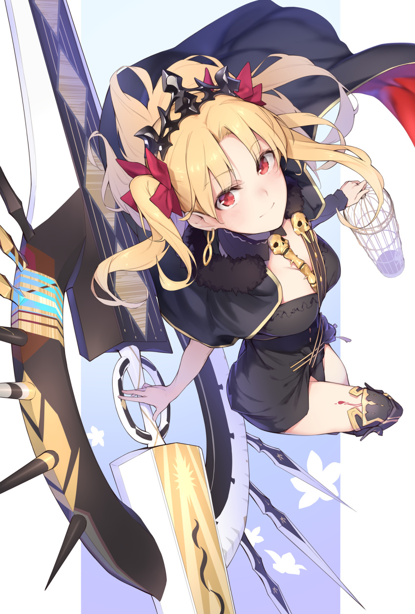 1girl asymmetrical_sleeves bangs birdcage black_dress blonde_hair blue_background blush border breasts cage cape cleavage closed_mouth dress earrings enosan ereshkigal_(fate/grand_order) fate/grand_order fate_(series) gold_trim highres hips hoop_earrings jewelry long_hair looking_at_viewer looking_up parted_bangs red_cape red_ribbon ribbon skull small_breasts smile solo spine thighs tiara tohsaka_rin two_side_up weapon white_border