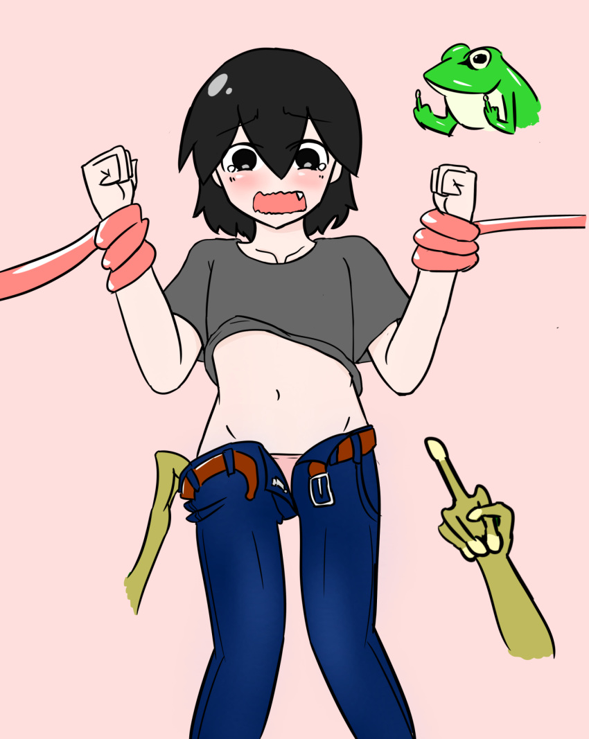 1girl belt black_eyes black_hair black_shirt blush cookie_(touhou) denim fang frog highres iruguma jeans kofji_(cookie) middle_finger midriff open_mouth pants shirt short_hair t-shirt tagme tears wrist_grab