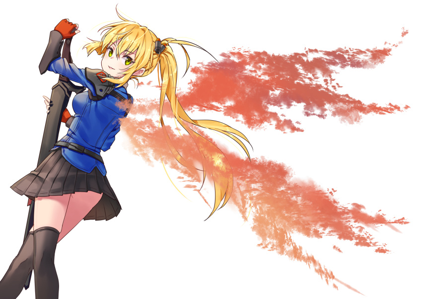 1girl ass bangs black_legwear black_skirt blonde_hair blue_jacket breasts commentary_request dutch_angle eyebrows_visible_through_hair fiery_wings fingerless_gloves gloves goyain green_eyes hair_between_eyes hair_ornament hand_on_hilt highres jacket kaku-san-sei_million_arthur long_sleeves looking_at_viewer looking_back million_arthur_(series) parted_lips petals pleated_skirt ponytail red_gloves side_ponytail sidelocks simple_background skirt small_breasts solo sword thigh-highs weapon white_background