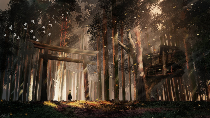 1girl autumn autumn_leaves bird black_dress blonde_hair blurry dark dove dress forest hat highres kagikura leaf light_rays long_hair nature original outdoors scenery signature solo sunlight torii tree treehouse wind