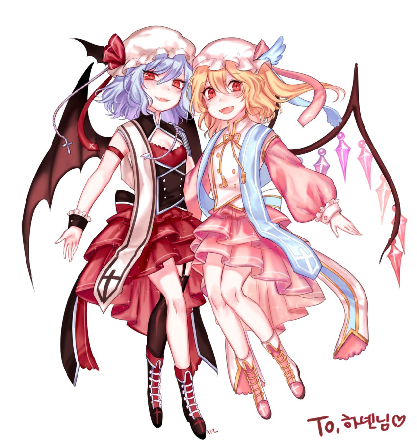 2girls alternate_costume bare_legs bat_wings black_footwear black_wings blonde_hair boots breasts commentary_request cross fangs flandre_scarlet full_body garter_straps gem hat hat_ribbon highres korean layered_skirt long_sleeves looking_at_viewer mob_cap multiple_girls open_mouth pink_footwear pink_hat pink_skirt puffy_long_sleeves puffy_sleeves red_eyes red_ribbon red_skirt remilia_scarlet ribbon shan siblings simple_background single_thighhigh sisters skirt small_breasts smile thigh-highs touhou translation_request white_background white_hat wings wrist_cuffs