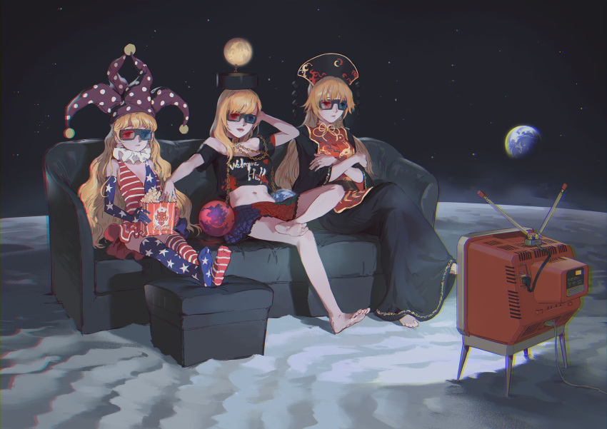 3d_glasses 3girls adapted_costume alternate_legwear american_flag_dress american_flag_gloves american_flag_legwear bare_shoulders barefoot black_dress black_hat black_shirt blonde_hair chains chromatic_aberration closed_mouth clothes_writing clownpiece collar commentary couch crossed_arms dress earth elbow_gloves english_commentary expressionless food footstool gloves hat hecatia_lapislazuli highres jester_cap junko_(touhou) legs_crossed lips long_hair long_sleeves midriff miniskirt momijigari moon multicolored multicolored_clothes multicolored_skirt multiple_girls navel neck_ruff no_shoes off-shoulder_shirt polka_dot polos_crown popcorn purple_hat red_eyes ribbon shirt short_dress short_sleeves sitting skirt sleeveless sleeveless_dress space star star_(sky) star_print striped t-shirt tabard television thigh-highs touhou wavy_hair wide_sleeves yellow_ribbon