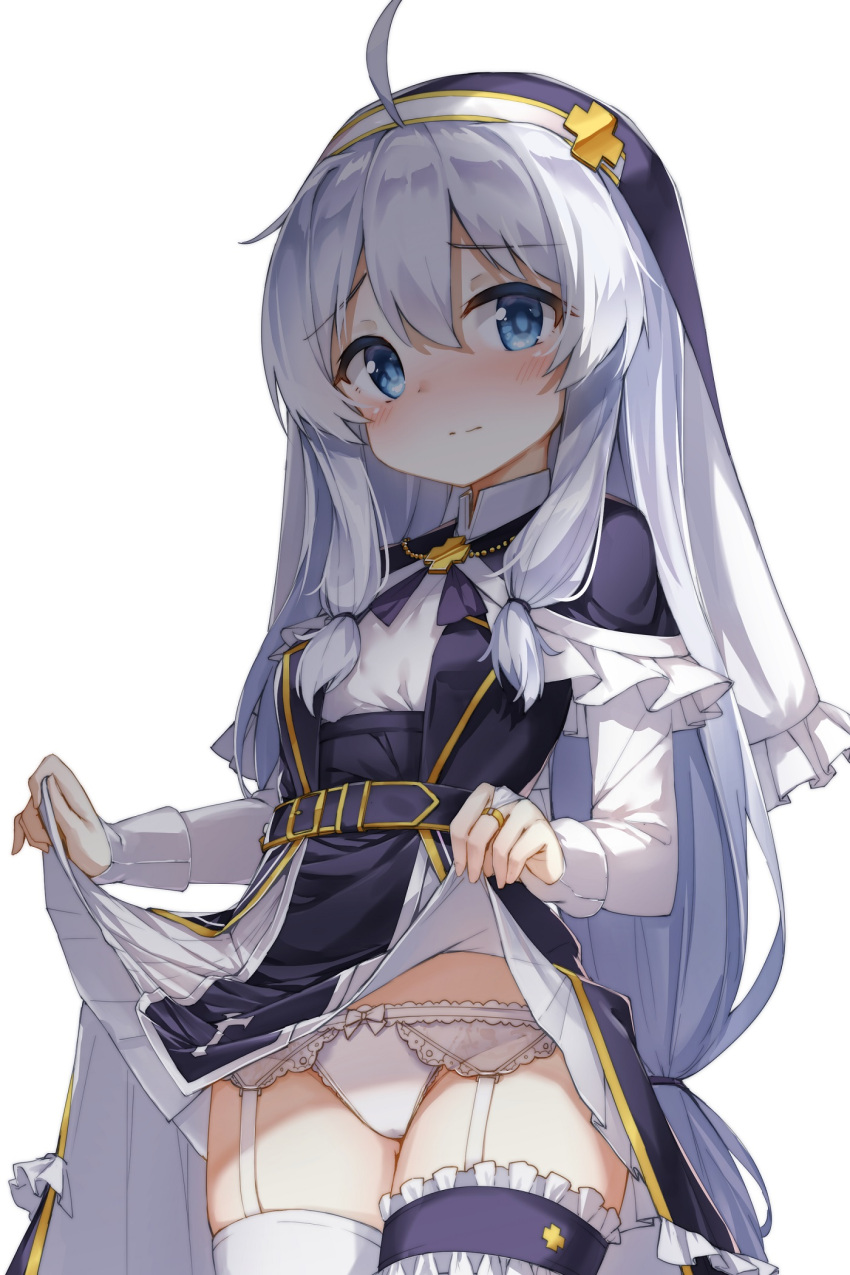 1girl ahoge asymmetrical_legwear bangs black_jacket blue_eyes blush bow bridal_gauntlets closed_mouth collared_shirt commentary_request darnell eyebrows_visible_through_hair frills garter_belt hair_between_eyes high-waist_skirt highres jacket leg_garter lifted_by_self long_hair looking_at_viewer open_clothes open_jacket panties pleated_skirt shirt silver_hair simple_background single_thighhigh skirt skirt_lift solo soul_worker stella_unibell thigh-highs underwear veil very_long_hair white_background white_bow white_legwear white_panties white_shirt white_skirt