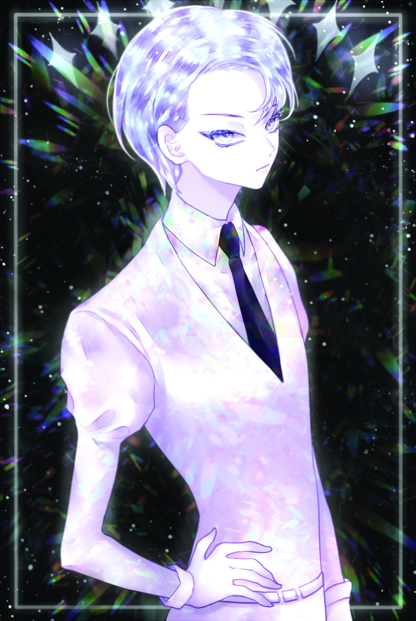 1other androgynous cairngorm_(houseki_no_kuni) colored_eyelashes crystal_hair esol_98 gem_uniform_(houseki_no_kuni) hand_on_hip highres houseki_no_kuni looking_at_viewer necktie short_hair solo upper_body white_eyes white_hair white_skin