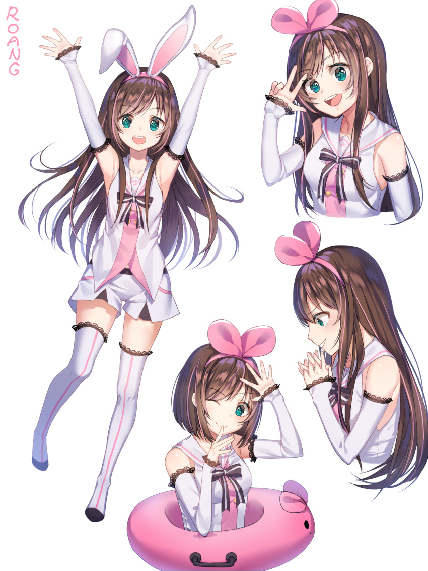 1girl :d ;) a.i._channel alternate_hair_length alternate_hairstyle animal_ears armpits arms_up bangs brown_hair detached_sleeves fake_animal_ears floating_hair green_eyes grey_shirt grey_shorts grey_sleeves grin hairband head_tilt highres innertube kizuna_ai long_hair long_sleeves looking_at_viewer neck_ribbon one_eye_closed open_mouth pink_hairband rabbit_ears ribbon roang shirt short_hair short_shorts shorts sleeveless sleeveless_shirt smile solo swept_bangs thigh-highs very_long_hair virtual_youtuber w_over_eye white_background white_legwear zettai_ryouiki