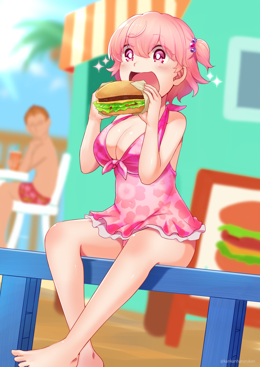 1boy 1girl absurdres barefoot blush breasts cleavage feet food hamburger haruka_(yakitoritabetai) highres large_breasts one-piece_swimsuit one_side_up open_mouth original pink_eyes pink_hair short_hair sitting solo_focus sparkle swimsuit