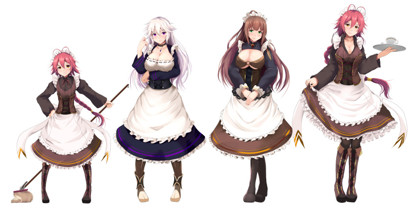 4girls antenna_hair blush boots braid breasts brown_eyes brown_footwear brown_hair choker cleavage closed_mouth collarbone cross-laced_footwear cup eyebrows_visible_through_hair green_eyes highres holding holding_mop holding_tray kanzaki_kureha knee_boots lace-up_boots large_breasts long_sleeves looking_at_viewer maid maid_headdress mop multiple_girls original pink_hair simple_background small_breasts smile striped striped_legwear tray vertical-striped_legwear vertical_stripes violet_eyes white_background white_hair