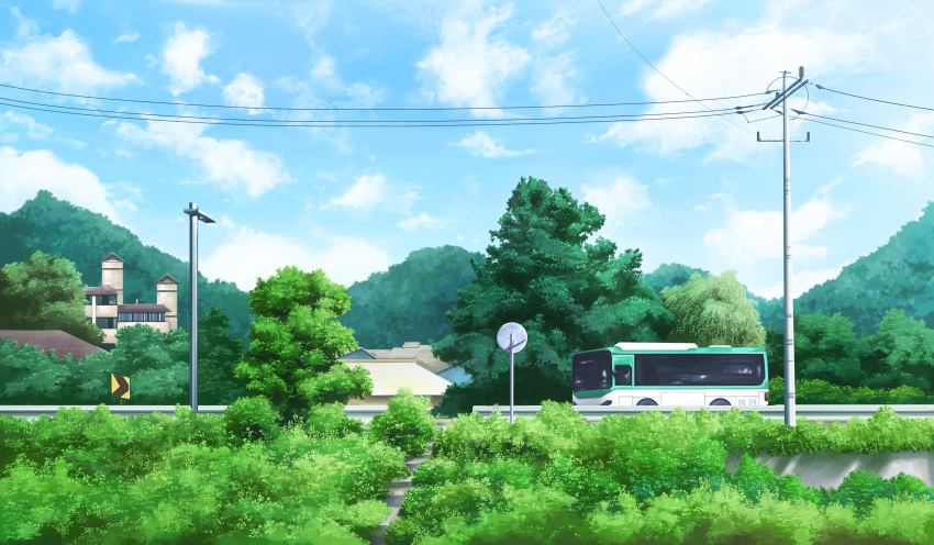 absurdres blue_sky building bus bush clouds cloudy_sky day grass ground_vehicle highres house huge_filesize lamppost motor_vehicle mountain no_humans original outdoors power_lines road_sign scenery sign sky stairs tree wanna