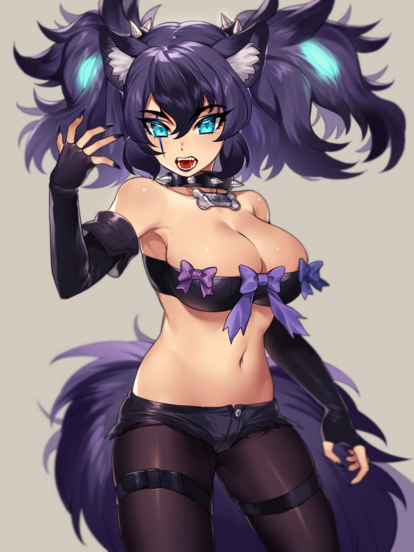 1girl animal_ears beltbra black_nails blue_eyes blue_hair bow cao_hong_anh cerberus_(kemono_friends) collar commentary_request cowboy_shot cutoffs dog_ears dog_tail elbow_gloves eyebrows_visible_through_hair fangs fingerless_gloves gloves highres kemono_friends lipstick makeup midriff multicolored_hair nail_polish name_tag navel open_mouth pantyhose purple_hair purple_lipstick saliva scar scar_across_eye short_hair short_twintails solo spiked_collar spikes tail thigh_strap twintails
