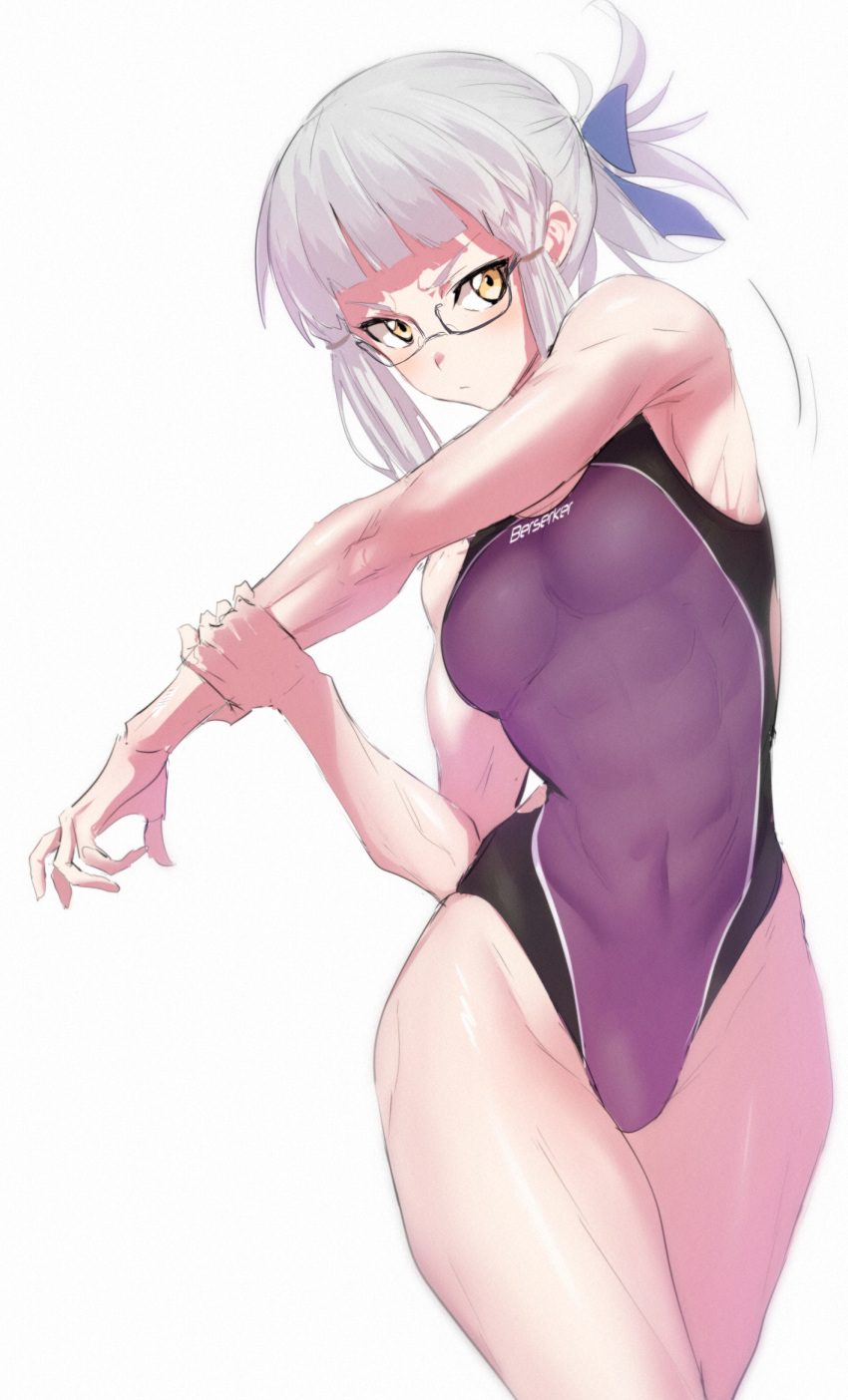 1girl abs bangs bare_shoulders blue_bow blunt_bangs blush bow breasts closed_mouth collarbone covered_navel fate/grand_order fate_(series) glasses hair_bow highleg highleg_swimsuit highres hips long_hair looking_at_viewer medium_breasts one-piece_swimsuit penthesilea_(fate/grand_order) purple_swimsuit semi-rimless_eyewear sidelocks simple_background solo stretch swimsuit thighs tied_hair ulrich_(tagaragakuin) waist white_background white_hair yellow_eyes