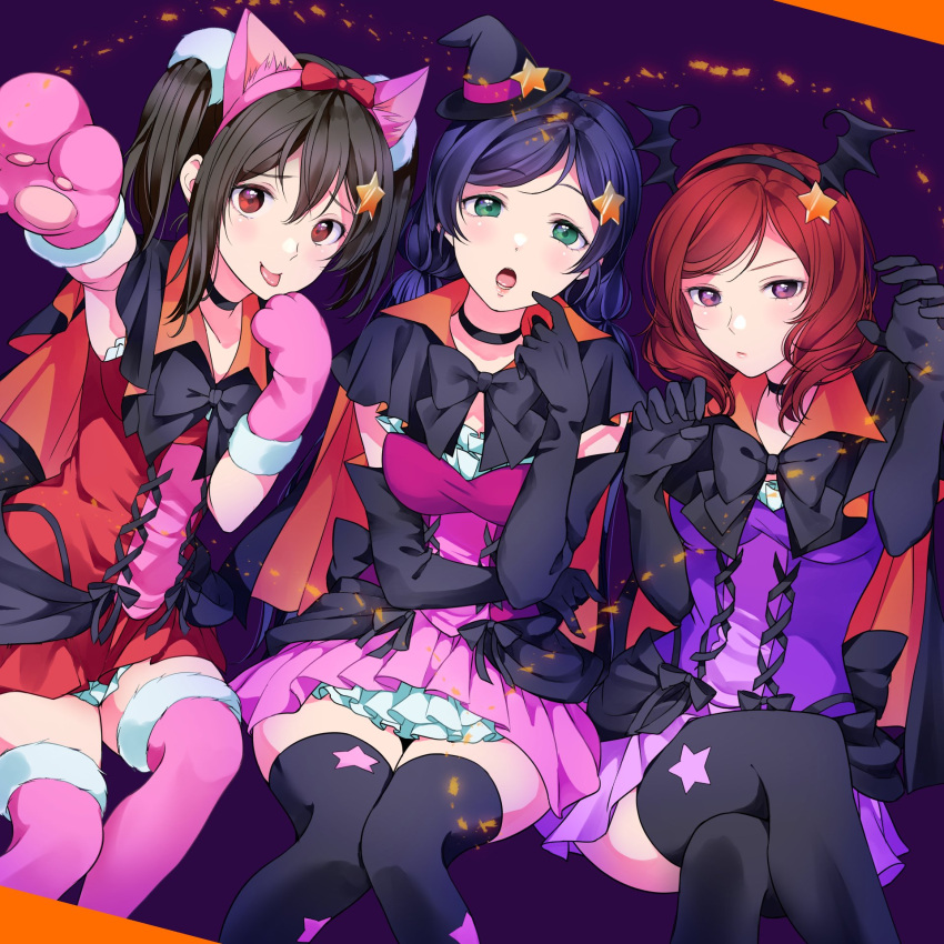 3girls :o bangs bat_wings black_bow black_hair bow breasts brown_eyes choker dress elbow_gloves eyebrows_visible_through_hair finger_to_cheek gloves green_eyes hair_bow hairband halloween halloween_costume hat highres kate_iwana large_breasts long_hair looking_at_viewer love_live! love_live!_school_idol_project low_twintails multiple_girls nico_nico_nii nishikino_maki open_mouth paws pink_dress purple_dress purple_hair red_dress redhead short_hair sitting skirt star thigh-highs tongue tongue_out toujou_nozomi twintails violet_eyes wings witch_hat yazawa_nico