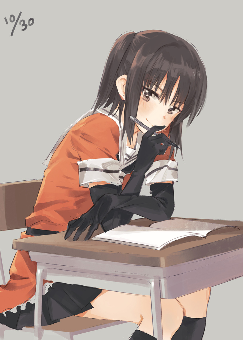 1girl arm_support bangs black_gloves black_hair black_legwear black_neckwear blush book brown_eyes chair closed_mouth commentary_request dated desk elbow_gloves feet_out_of_frame finger_to_mouth frilled_shirt frills gloves hair_between_eyes highres holding holding_pen kantai_collection kneehighs leaning_forward medium_hair neckerchief open_book orange_shirt pen sailor_collar school_chair school_desk school_uniform sendai_(kantai_collection) serafuku shirt short_sleeves sitting sleeve_cuffs smile solo tugo twintails white_sailor_collar