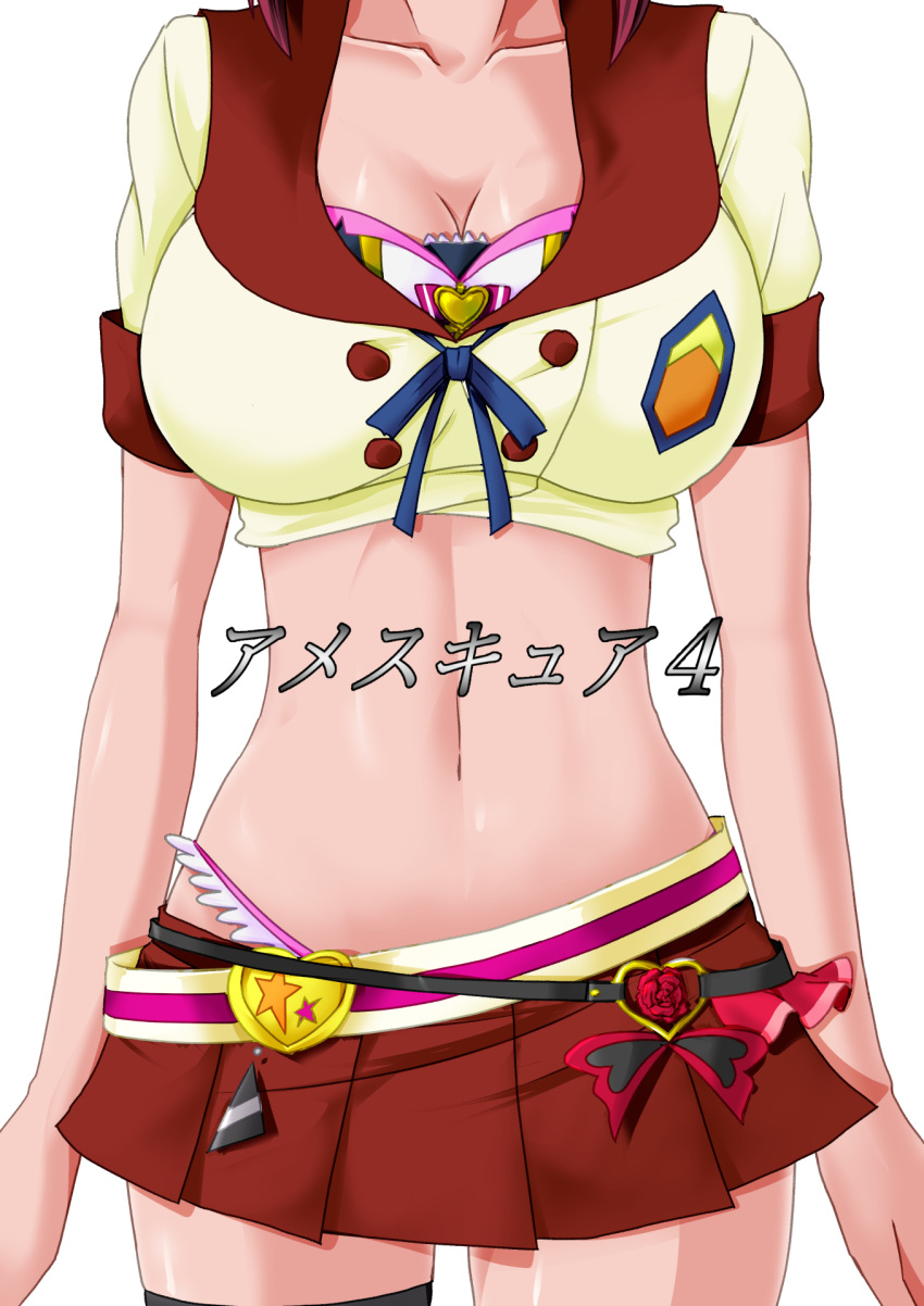 1girl adapted_costume aino_megumi bare_arms black_legwear breasts cleavage crop_top happinesscharge_precure! head_out_of_frame highres large_breasts midriff navel pleated_skirt precure red_skirt school_uniform simple_background single_thighhigh skirt solo standing tamo_(nama-yatsuhashi) thigh-highs white_background